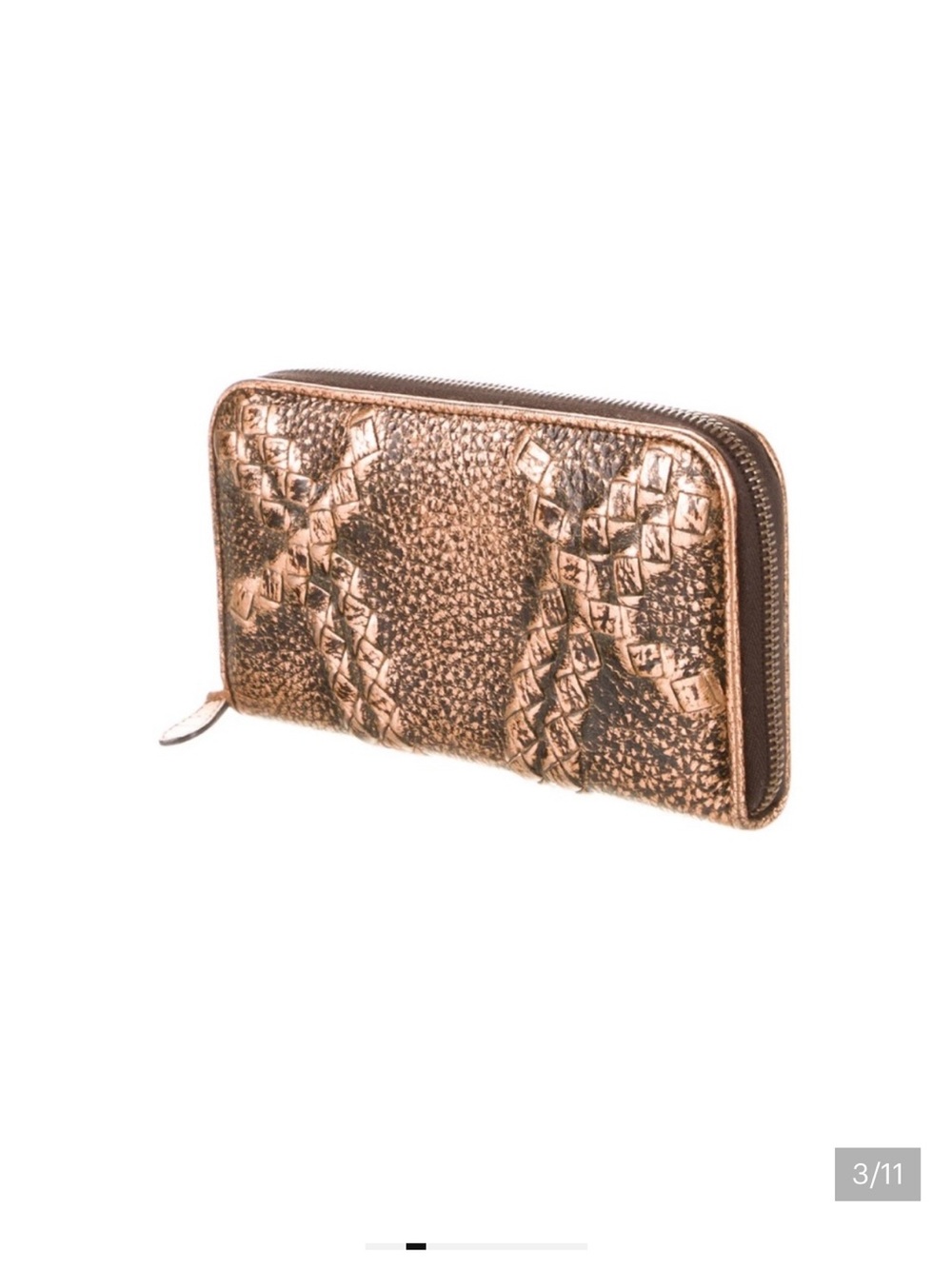 Bottega Veneta Metallic Copper Woven Zip-Around Wallet